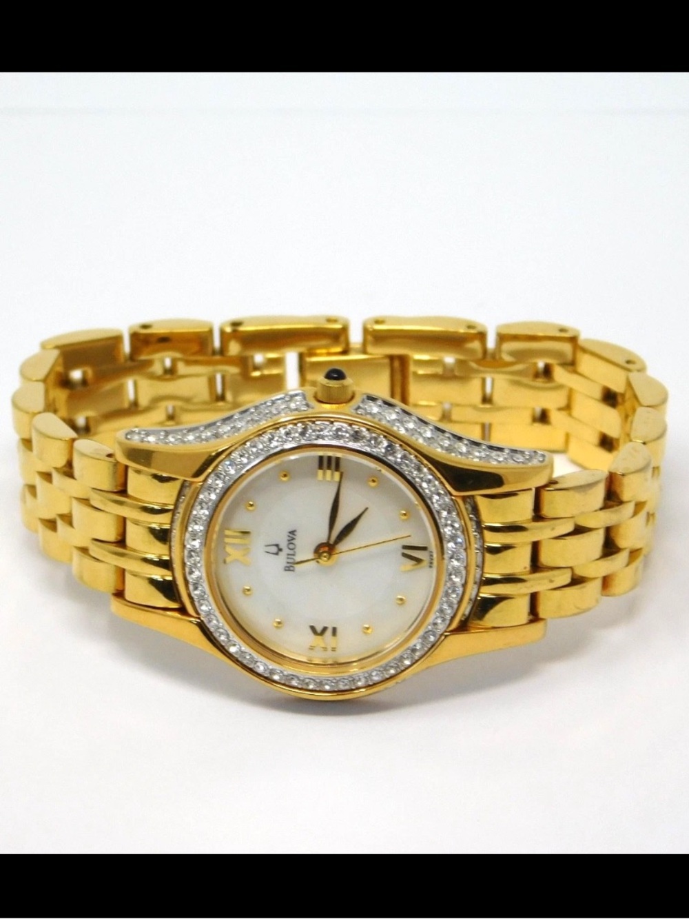 Bulova Women's Watch 98V27 Crystal Bezel White Dial Mineral Glass 26mm 5.5" Size